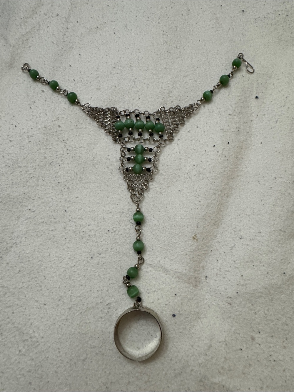 Handmade Green Bead Silver-Tone Dangle Bracelet